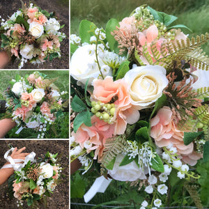 peach and ivory silk flpwers featute in this wedding bouquet