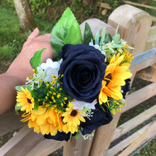 A collection of wedding bouquets featuring  sunflowers and either royal or navy blue roses