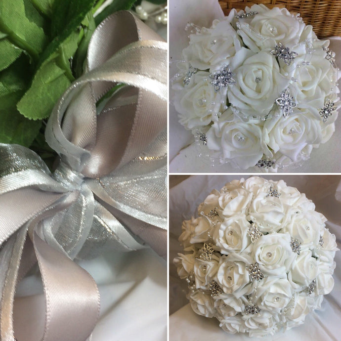 A wedding bouquet collection of white or ivory foam roses & diamante