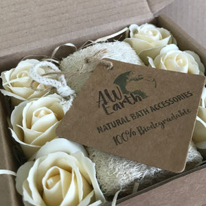 soap rose flowers, loofa and personalised gift card