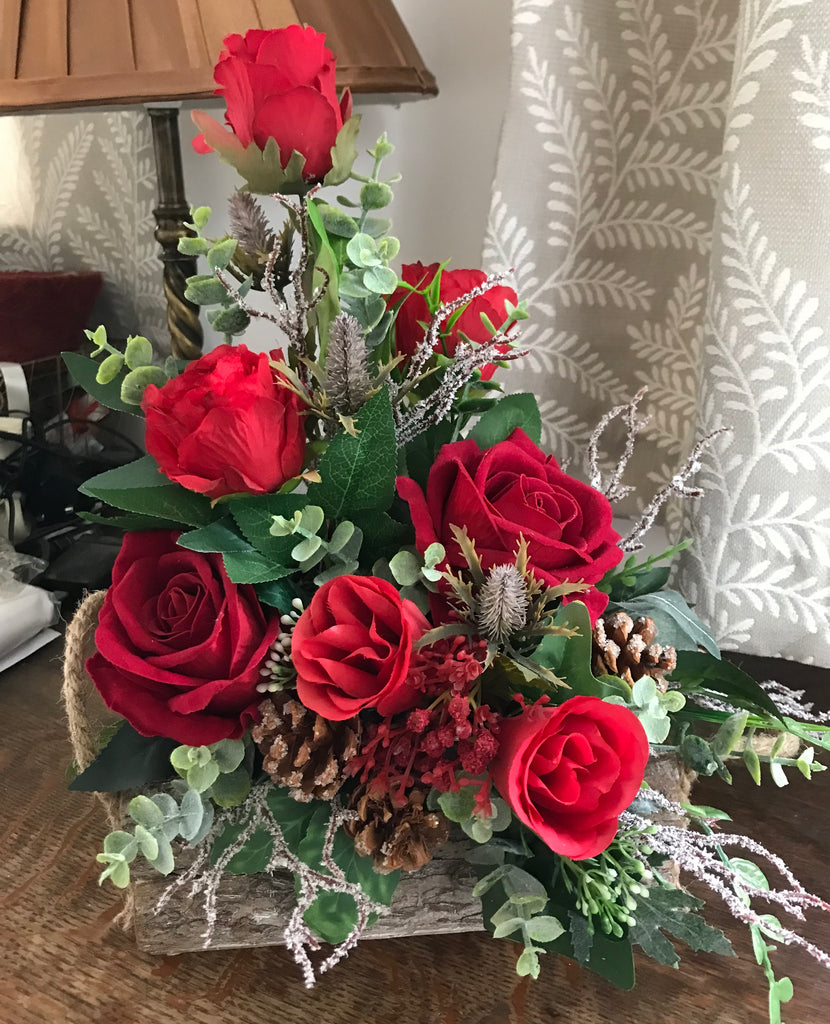 Christmas Red Rose Arrangement – Artificial Festive Flowers with Pinec ...