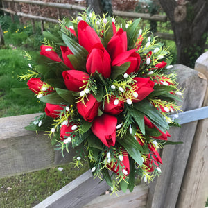 red tulip cascade bouquet