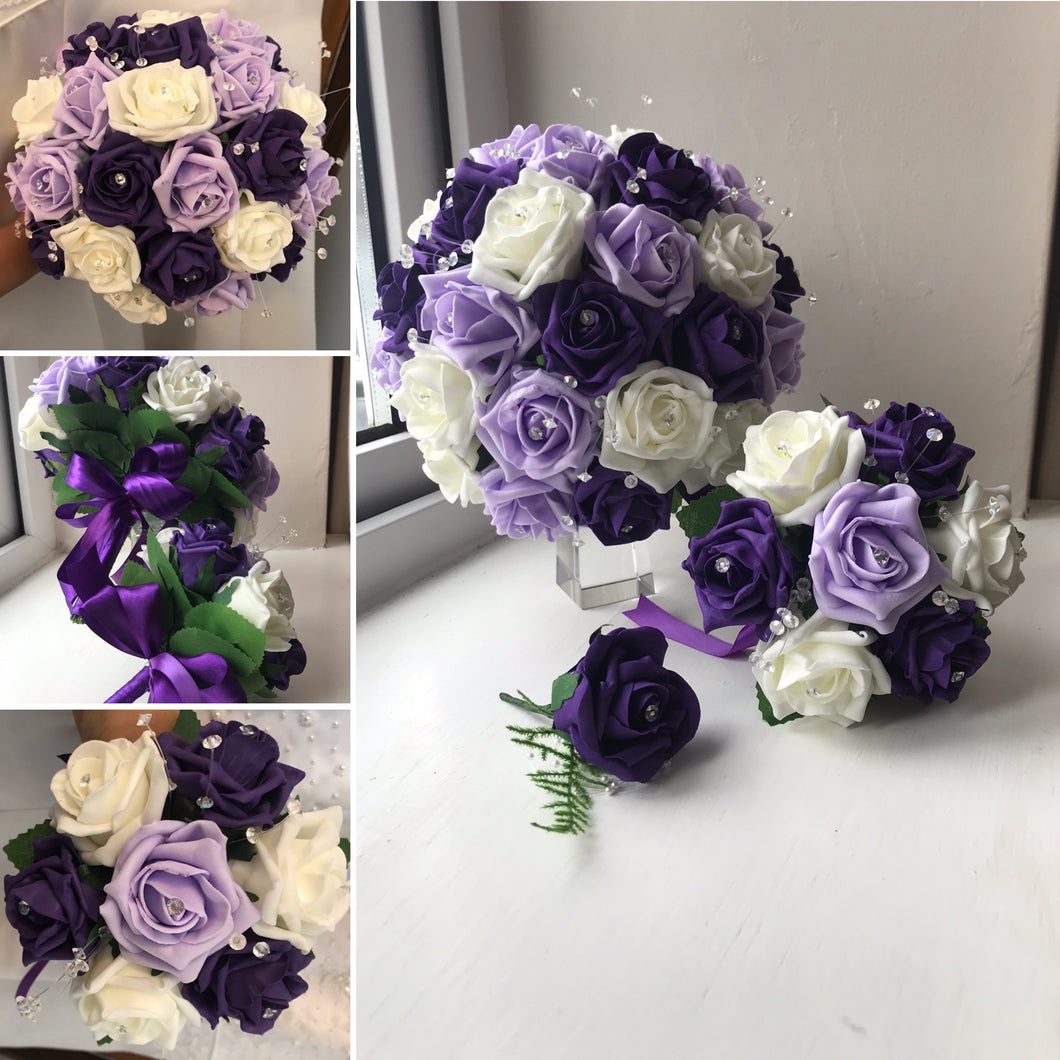 a bouquet collection of purple ivory and lilacfoam roses