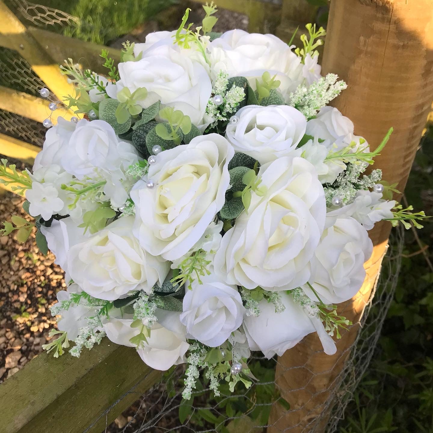 A teardrop bouquet collection of white roses and eucalyptus – AbigailRose