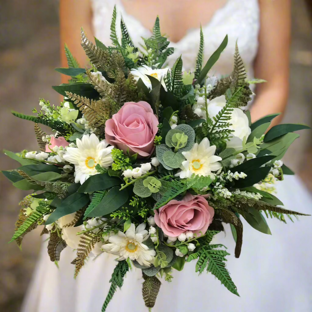 A wedding bouquet featuring dusky pink gerbera and roses