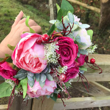 A wedding bouquet of silk pink peony & wine coloured roses