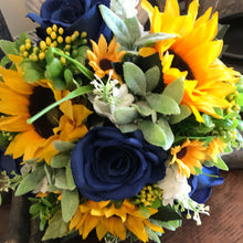 A collection of wedding bouquets featuring  sunflowers and either royal or navy blue roses