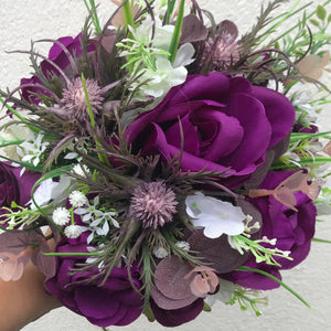A collection of wedding bouquets featuring  artificial purple flowers & thistles