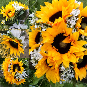 sunflower and gyp wedding bouquet