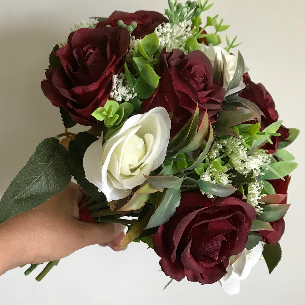 WEDDING BOUQUET of artificial silk ivory & burgundy rose flowers ...