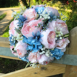 wedding bouquet of pink and blue flowers