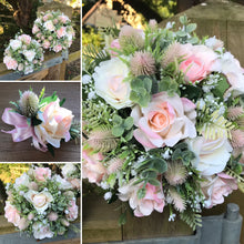 pale pink rose wedding bouquet and buttonhole