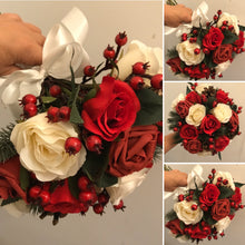 red and ivory roses cones and berries feature in this wedding bouquet