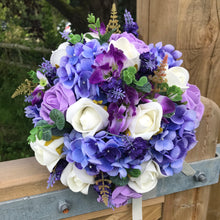 - WEDDING BOUQUET of artificial silk ivory and purple roses, hydrangeas flowers