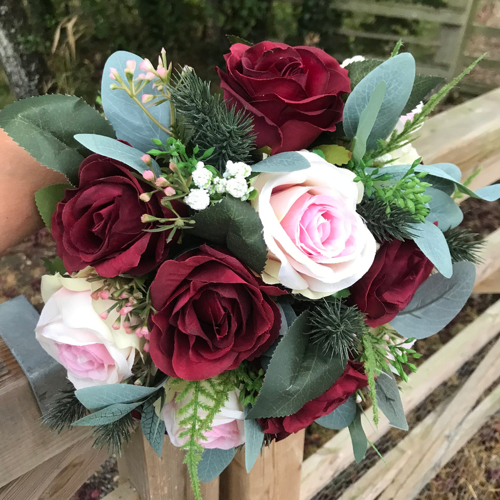 A Christmas bouquet of artificial pink and burgundy roses – AbigailRose