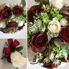 artificial bouquets of ivory and burgundy roses