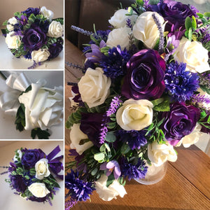 wedding bouquet collection of ivory and purple flowers