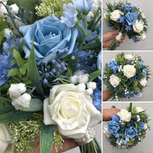 an artificial wedding bouquet of blue and ivory foam faux roses