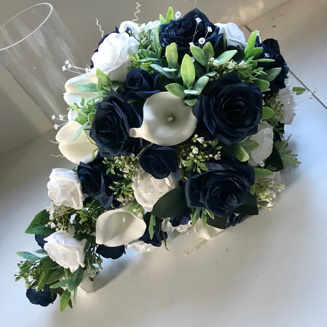 teardrop wedding bouquet in shades of navy and white