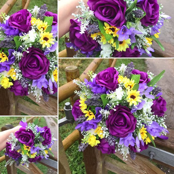 a wedding bouquet collection of purple and yellow daisies & freesia