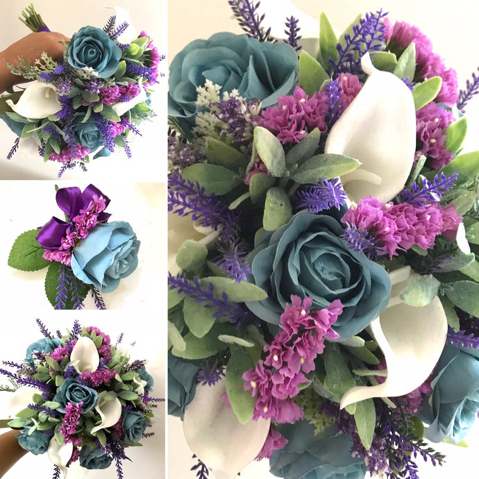 A brides bouquet of white calla, teal roses and foliage