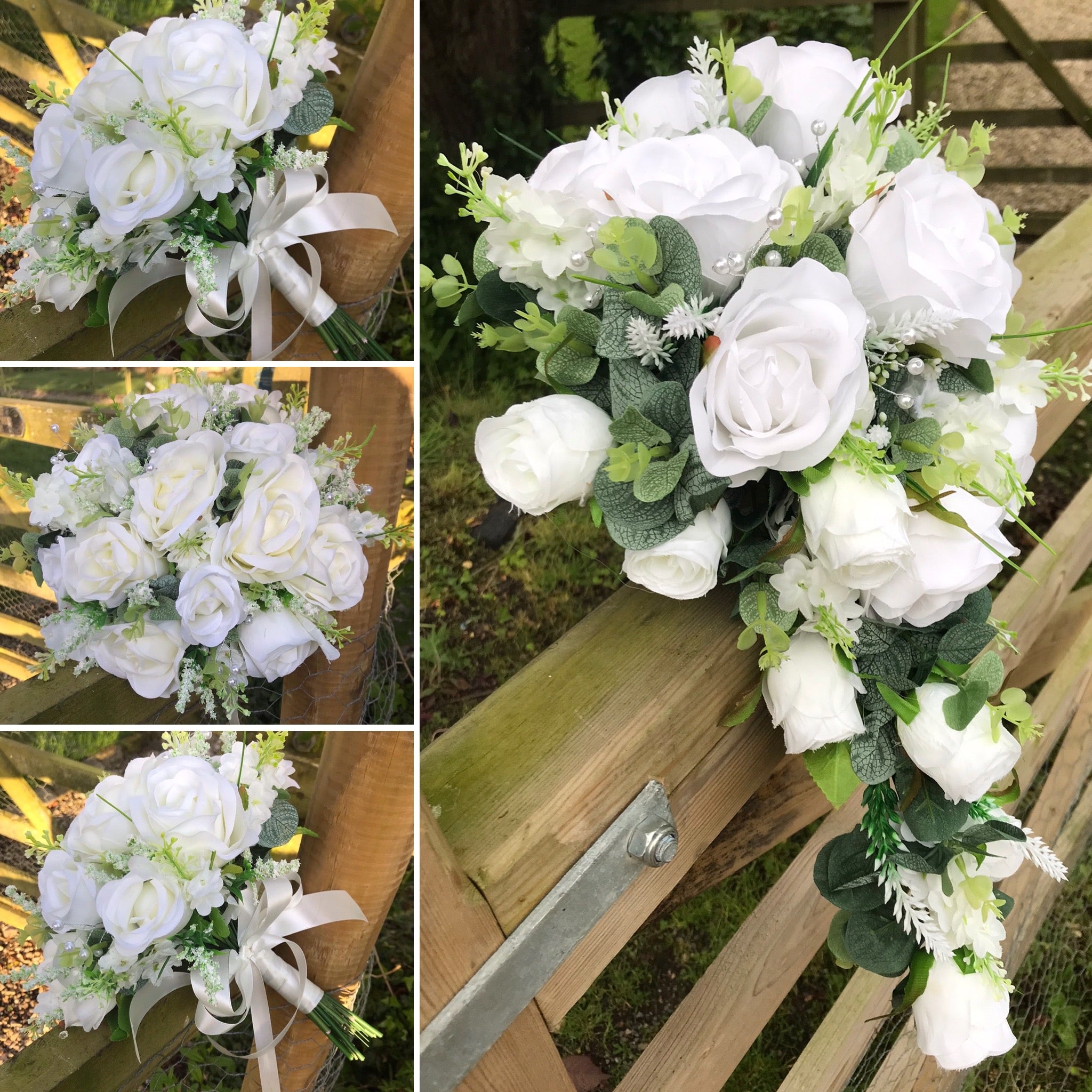 A teardrop bouquet collection of white roses and eucalyptus – AbigailRose