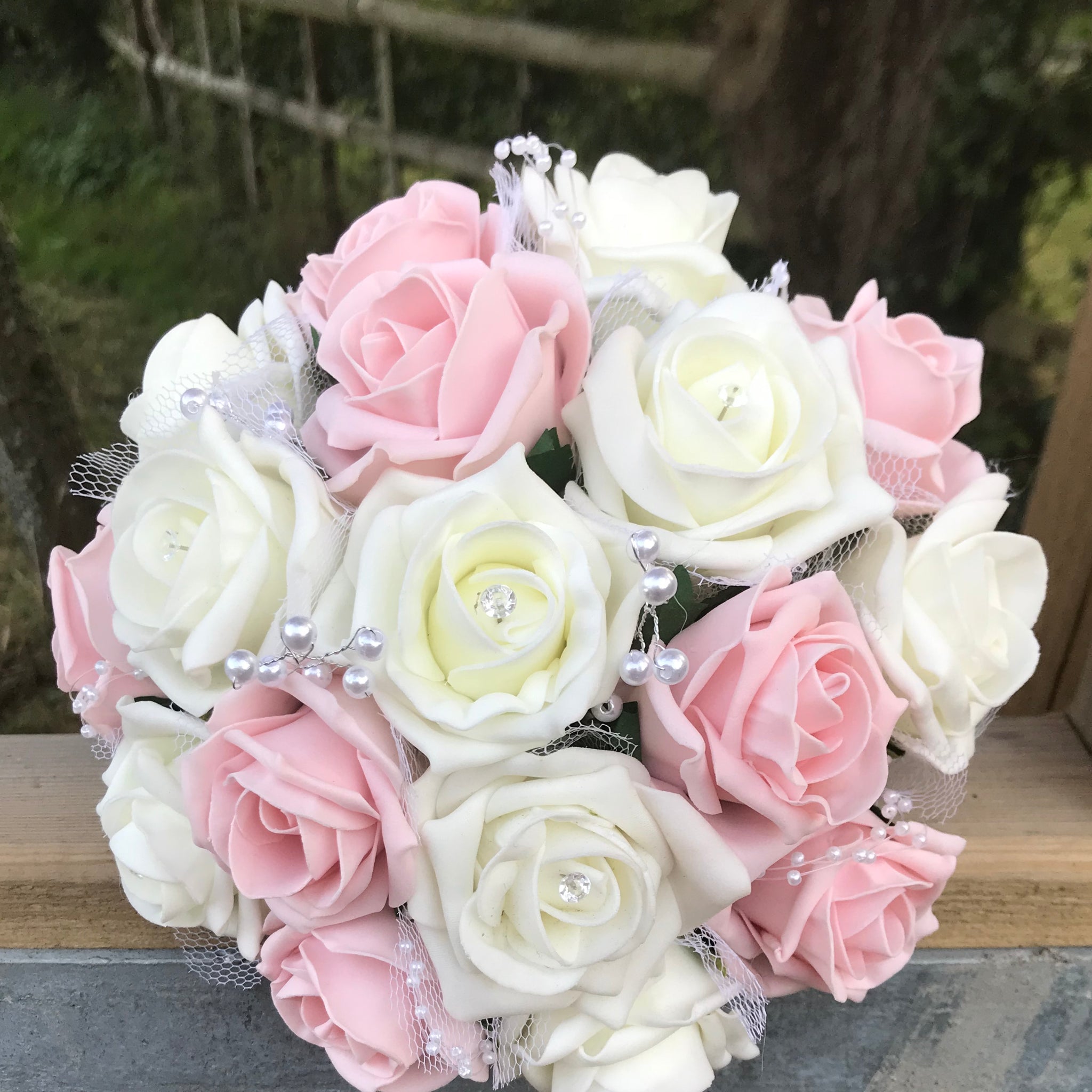wedding bouquet collection of ivory & pink roses, diamante & pearls ...