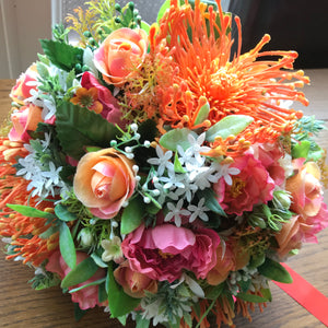 Wedding bouquet of peach silk roses & orange protea