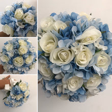 A wedding bouquet collection of blue and ivory or white roses & hydrangea