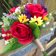 A bouquet collection featuring red, yellow and purple artificial silk flowers