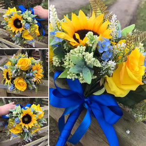 aunflower and forget me not wedding bouquet