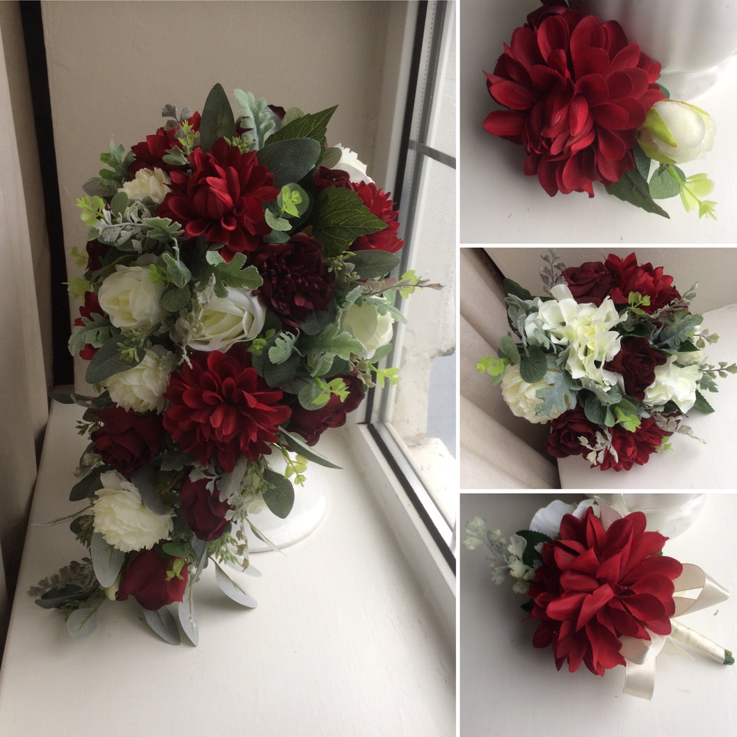A teardrop bouquet collection of artificial silk burgundy and ivory flowers