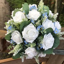 artificial wedding bouquet of roses and forget me nots