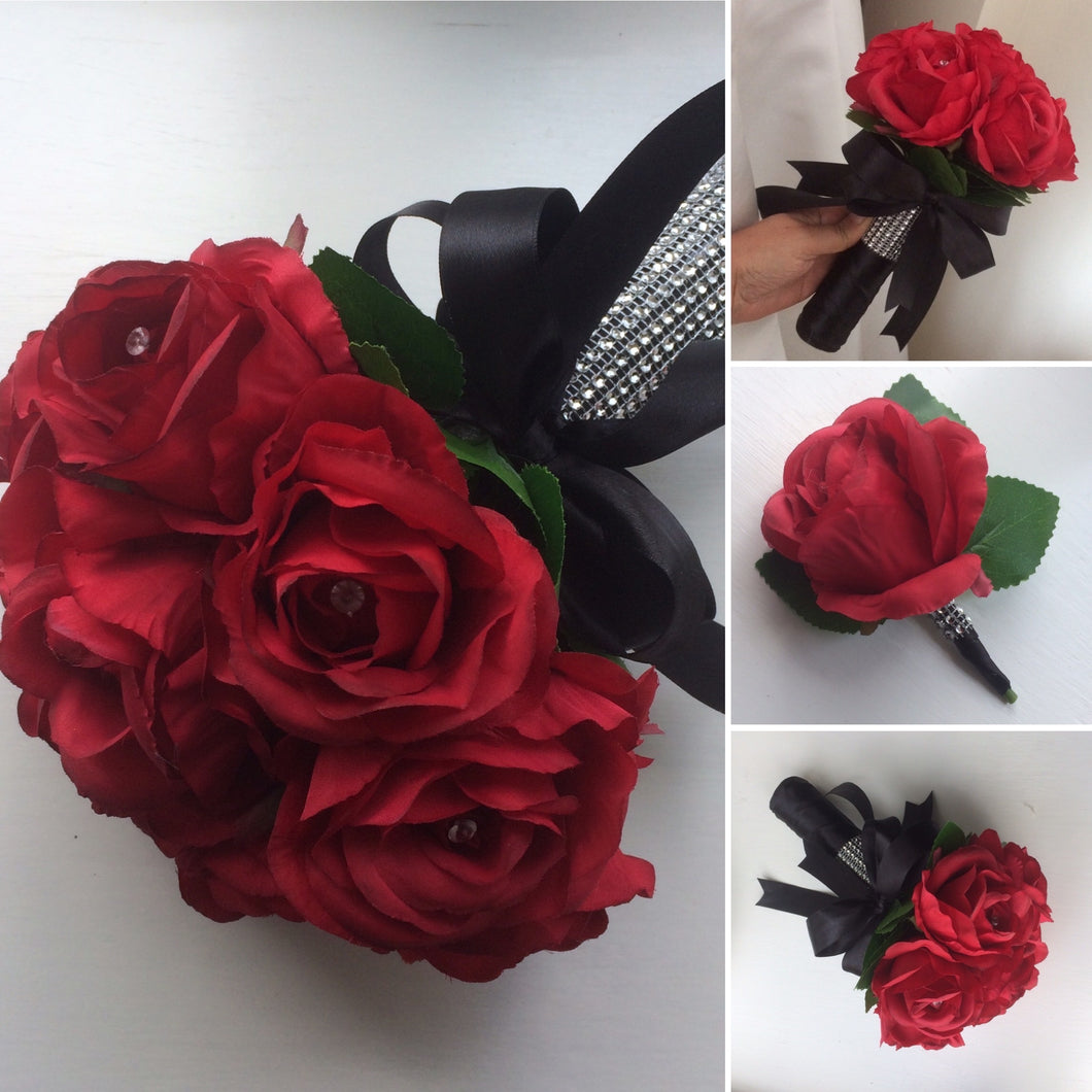 A bouquet collection featuring artificial red silk roses