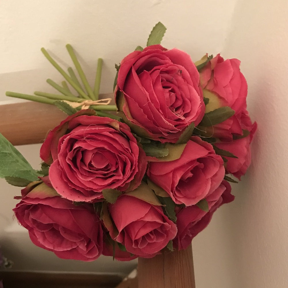 a bunch of 9 faux silk rose flowers - raspberry