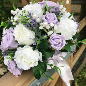 a wedding bouquet collection of artificial ivory & lilac roses diamante & pearls
