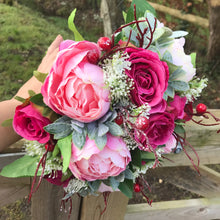 A wedding bouquet of silk pink peony & wine coloured roses