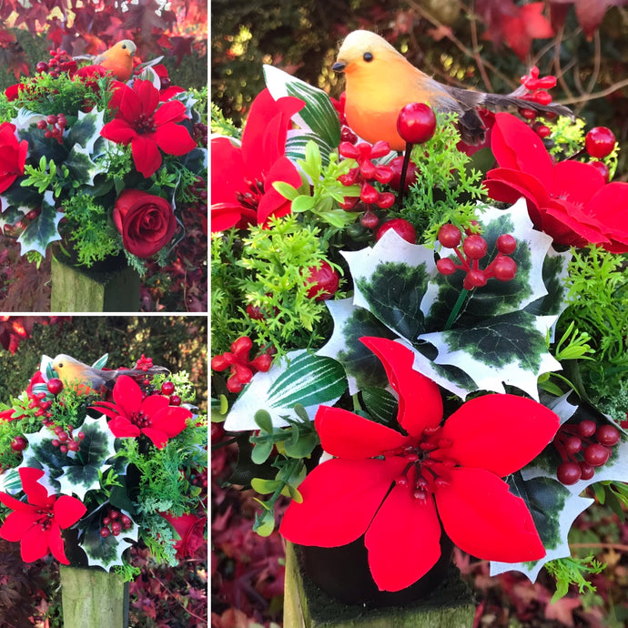memorial christmas flower pot with robin
