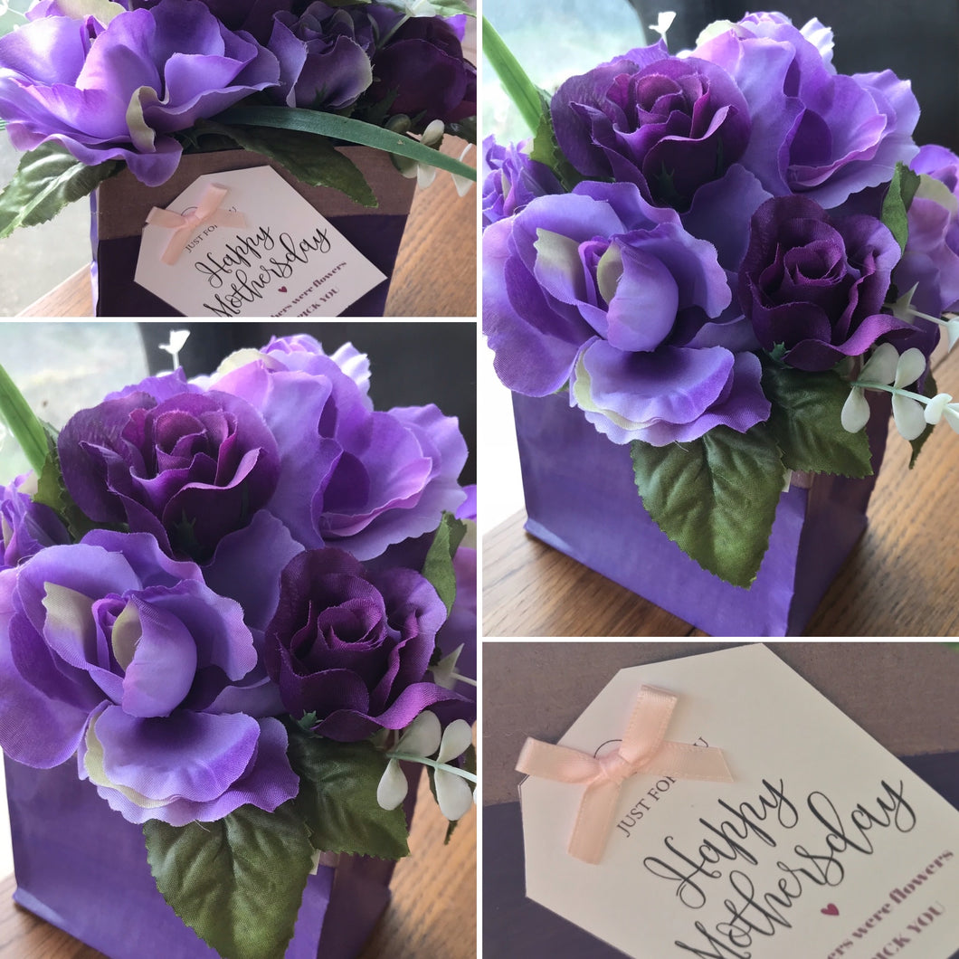 purple silk flower gift arrangement