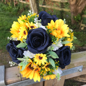 A collection of wedding bouquets featuring  sunflowers and either royal or navy blue roses