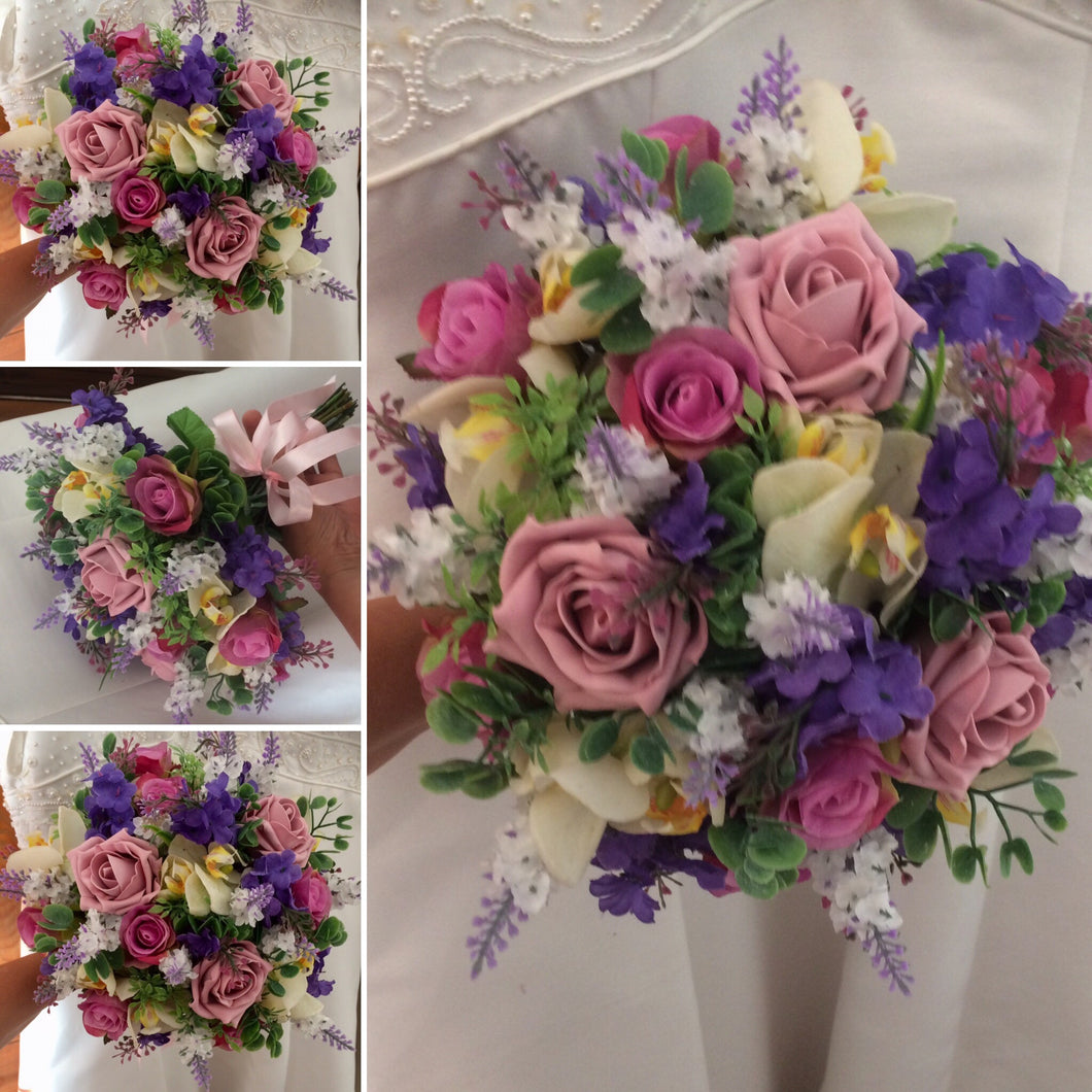 artificial wedding bouquet of dusky rose lwmon and purple