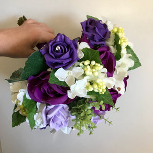 a wedding bouquet of ivory lilac and purple artificial roses hydrangea & lilies