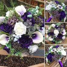 A wedding bouquet of ivory and purple silk flowers
