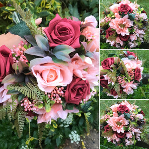 reds and peach flowers feature in this handtied bouquet