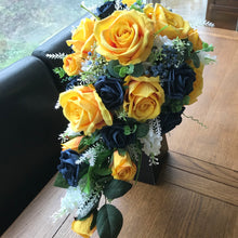 A teardrop bouquet collection of mustard and navy flowers