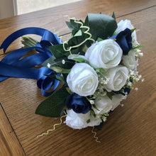 Wedding bouquet collection featuring navy and white silk roses