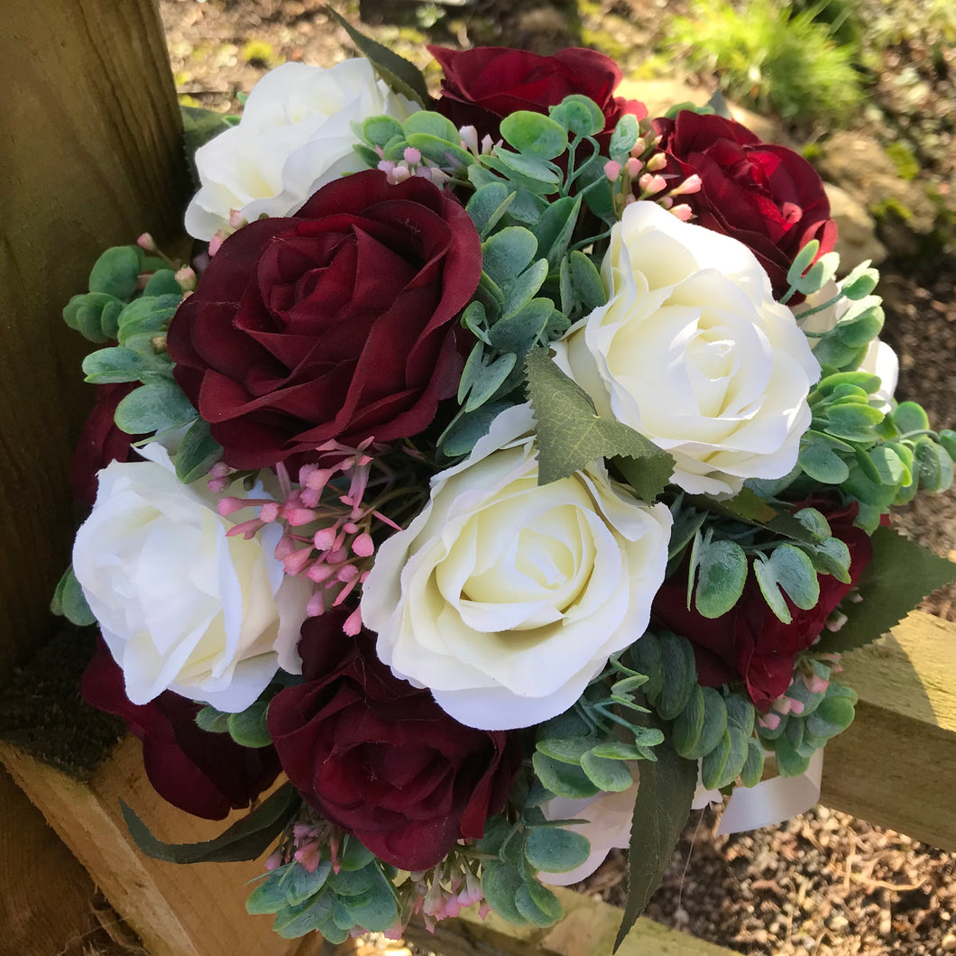 burgundy and ivory artificial rose wedding bouquet