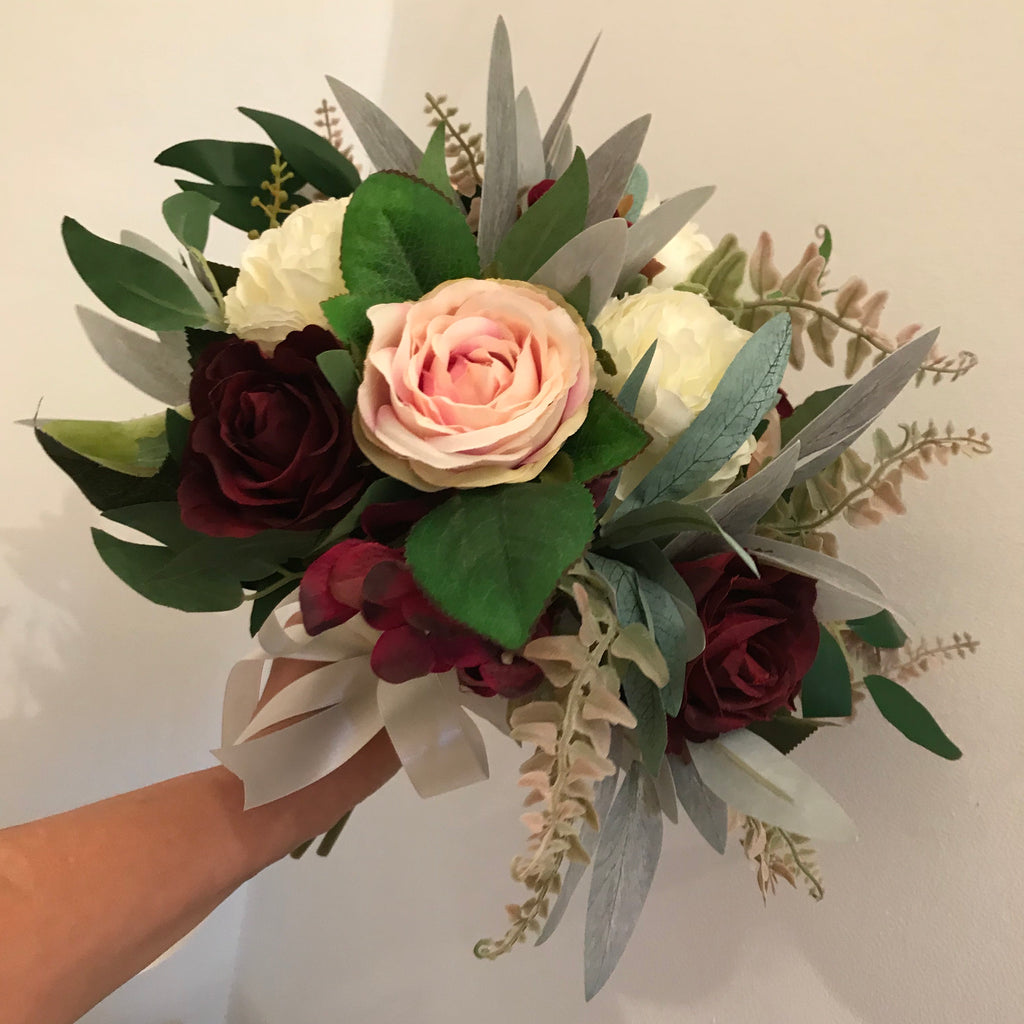 WEDDING BOUQUET of artificial silk ivory & burgundy rose flowers ...