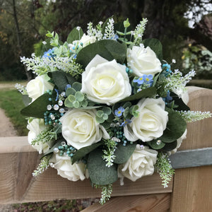 A wedding bouquet collection of foam roses and forget-me-not's