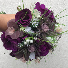 A collection of wedding bouquets featuring  artificial purple flowers & thistles